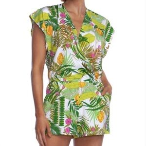 Trina Turk Tropical Leaf & Floral Print White Green Yellow Pink Coverup Romper